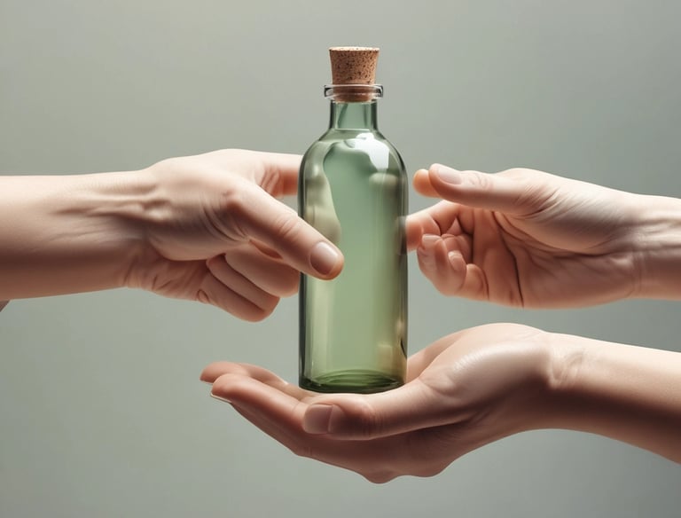 Two hands are holding small green beverage bottles labeled 'magic mind' against a gradient background that transitions from yellow to pink. The bottles have labels indicating ingredients such as matcha and honey. The nails on the hands are painted in different pastel colors.