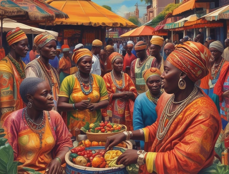 A vibrant outdoor market in a wooded area with various vendors displaying their goods on tables. Colorful textiles, handmade crafts, and souvenirs are visible. Several people are browsing and walking along the path, which is lined with purple umbrellas providing shade.