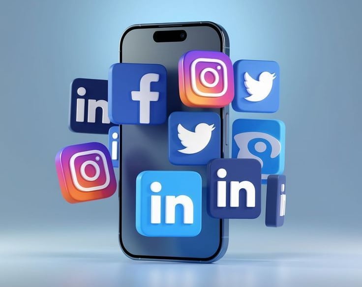 a phone with social media icons and social media icons