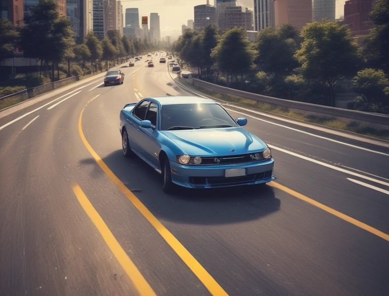 A person in a white outfit leans out of a window of a minibus in a busy urban street. Several cars are visible in the background, and there is a sign for an insurance company with red and white accents. Shadows and sunlight create a dynamic play of light on the scene.