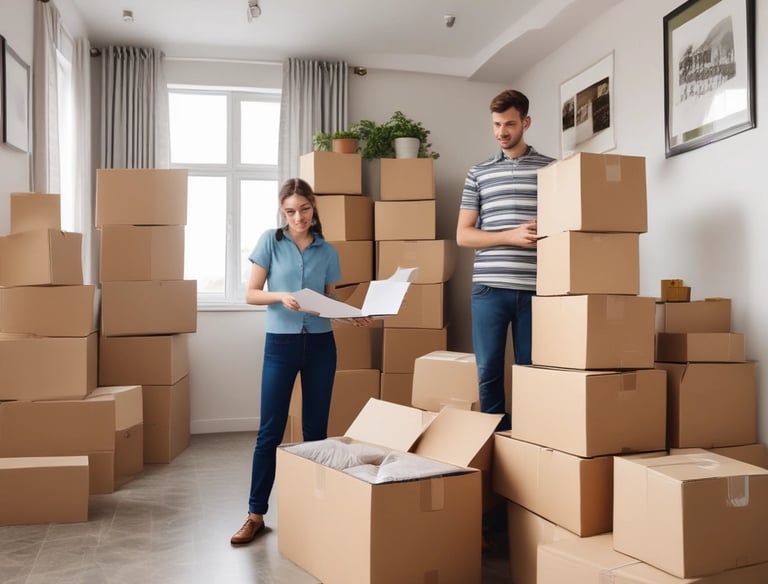 A vintage green and white van with a luggage rack on the back is loaded with an orange and gray duffel bag. The bag is secured with straps. In the background, there is a blurred view of greenery and trees indicating motion.