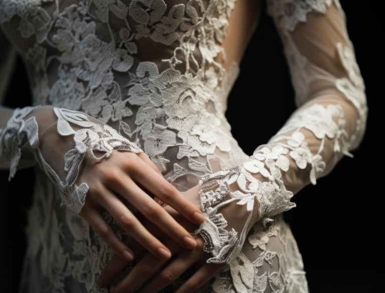 a woman in a white dress with a ring on her finger