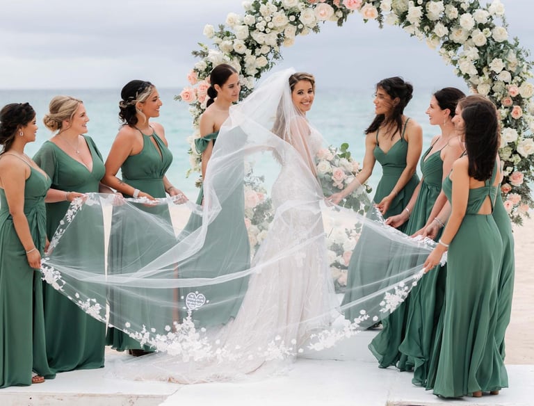 a bride and groomsmid in front of a wedding ceremony
