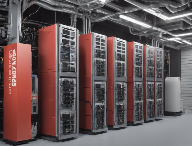 Innovative, large solar panel structures designed like futuristic trees, situated in a landscaped area with various plants and a pathway. The scene includes people walking, and the architecture emphasizes a modern, sustainable design.