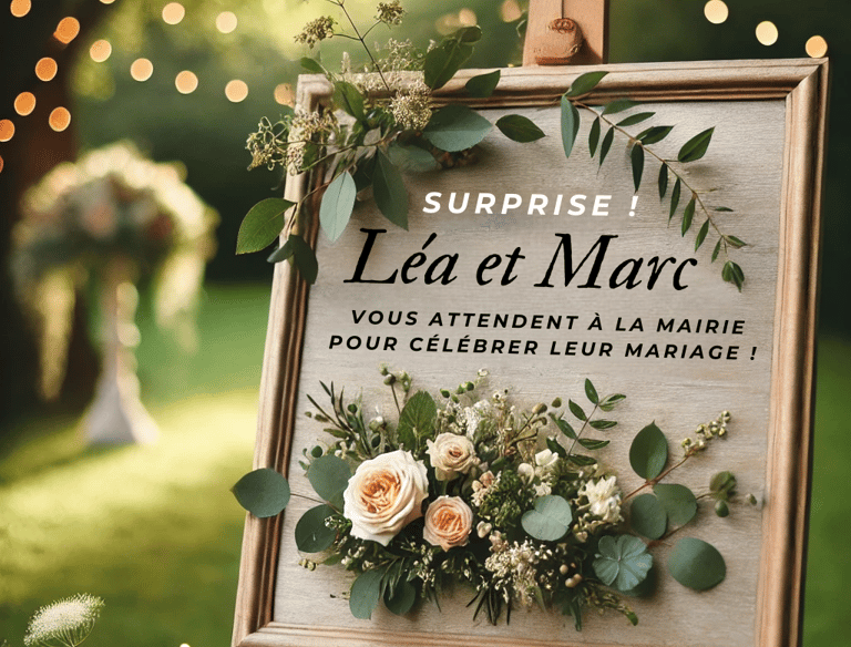 Pancarte indiquant que les invités arrivent à un mariage surprise