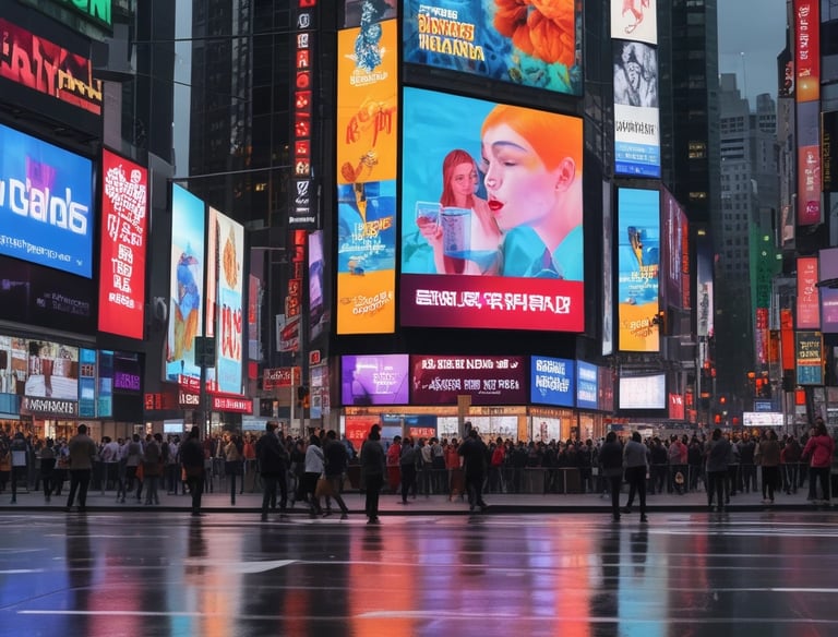 A person is looking at a display advertisement mounted on a wall. The advertisement features two individuals wearing ties and white shirts. Below the main image, there are smaller images, including one of the same individuals in different scenes. There are also signs next to the person, indicating directions to cinema houses and a cafe.