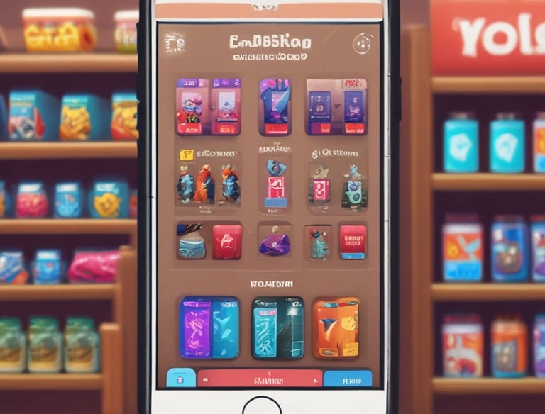 A smartphone displaying an app or game with cartoonish characters and greenery is resting on a laptop keyboard. The laptop screen shows a blurred, colorful background with a circular design.