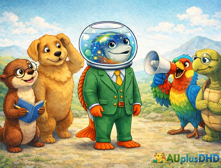 Whimsical illustration of an otter, dog, parrot, and turtle surrounding a fish wearing a suit.