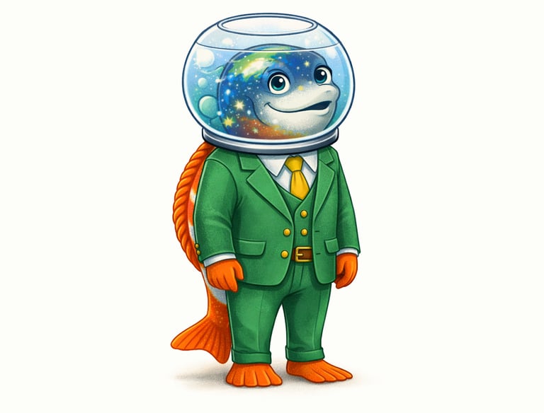 Surreal illustration of a fish mascot in a green business suit with a galaxy fishbowl head.