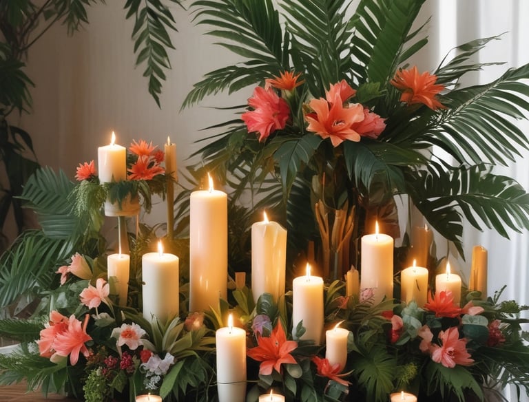 a sambac floral boquest with lots of candles