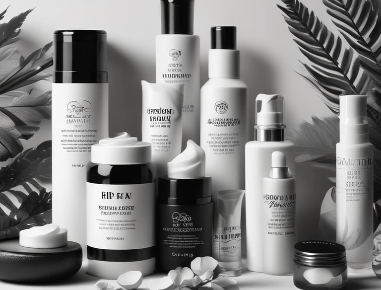 Close-up of various aesthetic products neatly arranged on a treatment table.