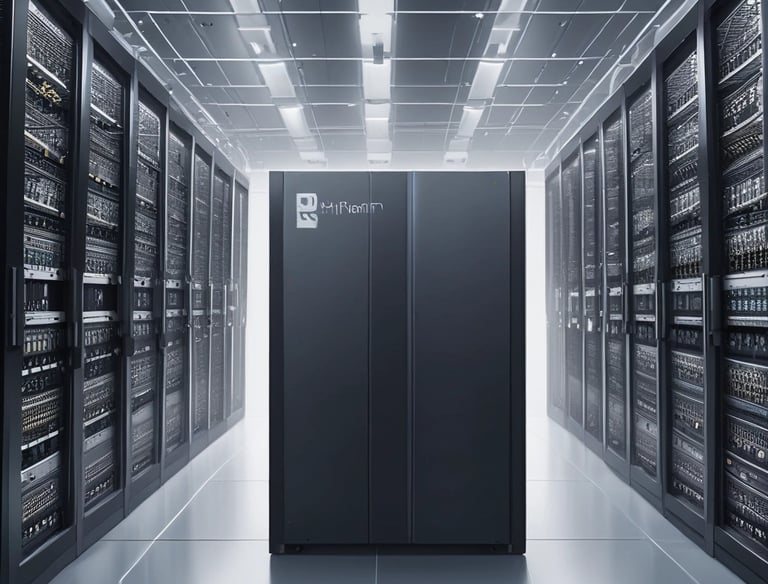 A high-tech supercomputing facility with interconnected servers.