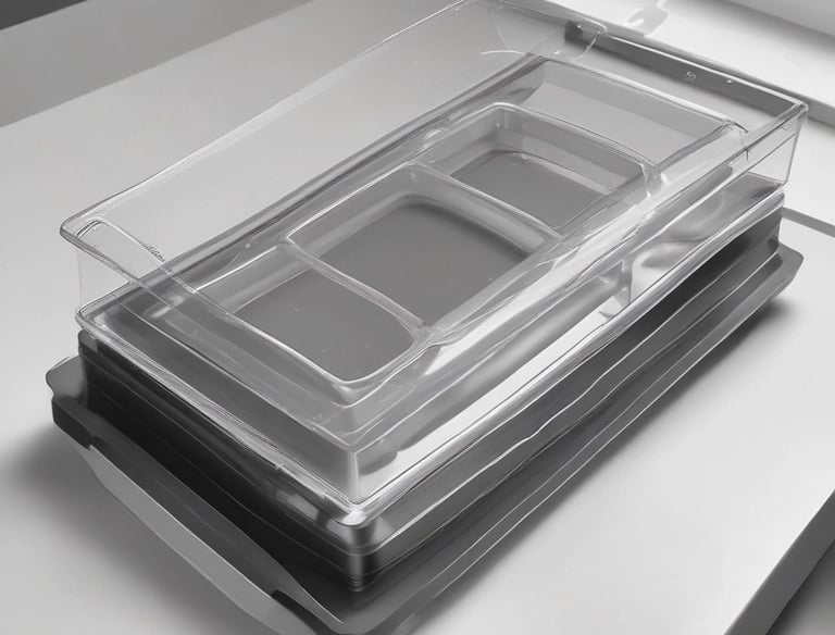 Various cuts of meat are vacuum-sealed in clear plastic packaging, displayed on a wooden counter. Above the counter, additional packaged fish and meats hang. The background consists of a wooden wall with decorative elements and muted lighting.