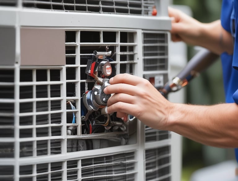 A technician installing an air conditioning unit in a modern living room.