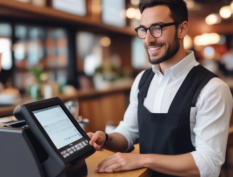 Hands using a touchscreen POS system in a busy café environment.