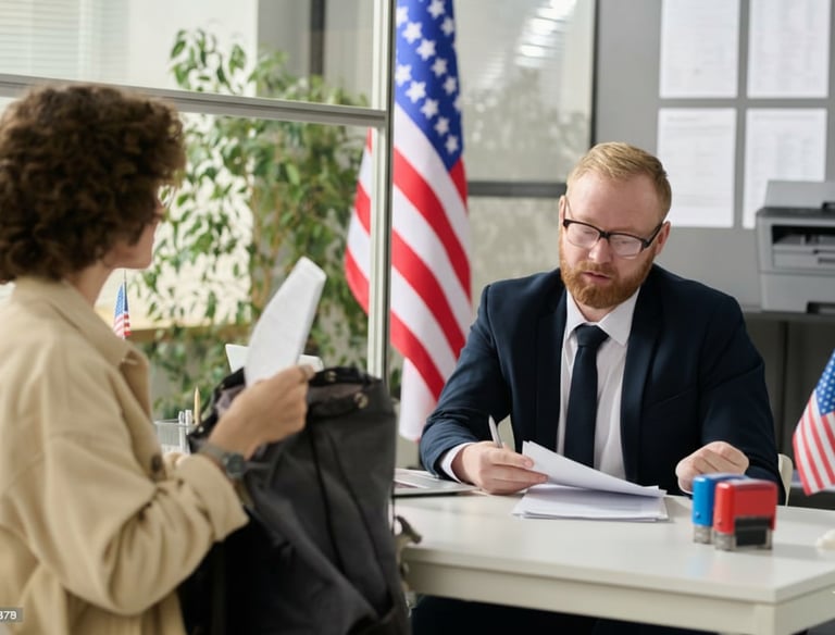 Consultant and client reviewing documents for a visit visa application, with American flags in the b