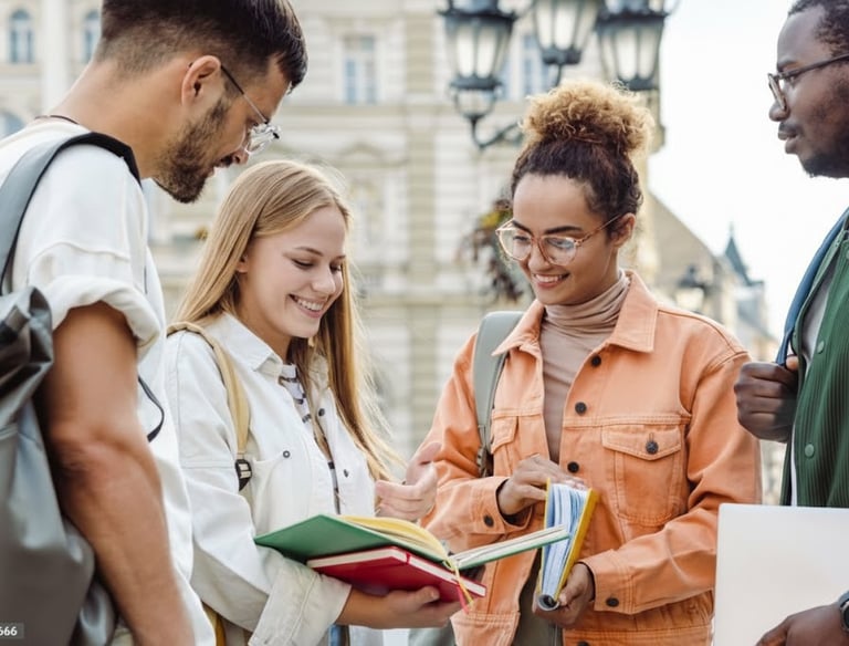 International students studying together on campus.
