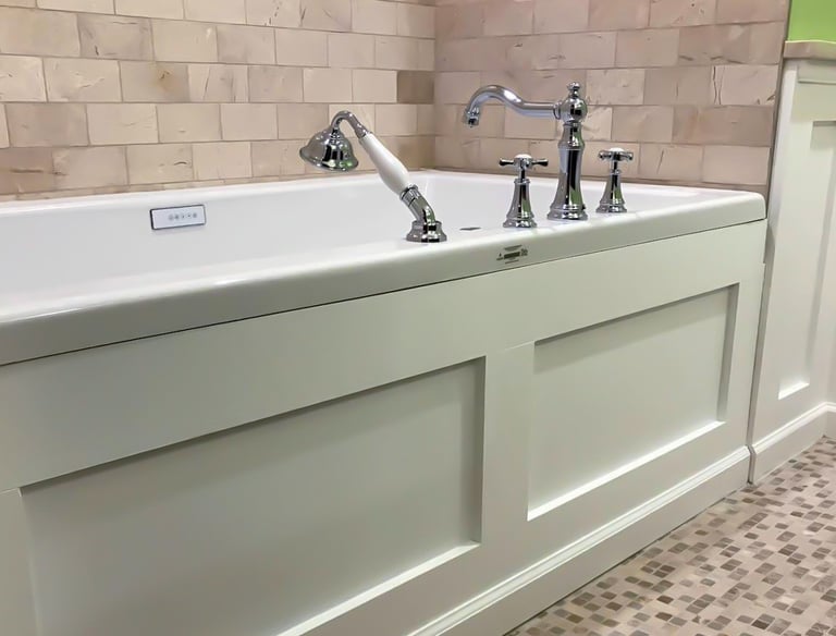 a bathtub with wood panels and moldings in the wall