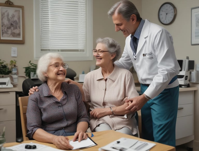 A healthcare professional is standing beside a patient who is lying in a hospital bed. The professional is wearing a surgical cap, mask, and white coat, while holding a clipboard. The patient is covered with a blue sheet and also wears a mask. Medical equipment is visible in the background.