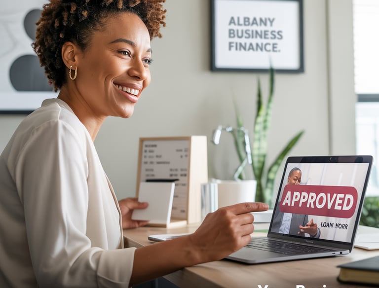 Albany small business owner celebrating fast credit approval on laptop