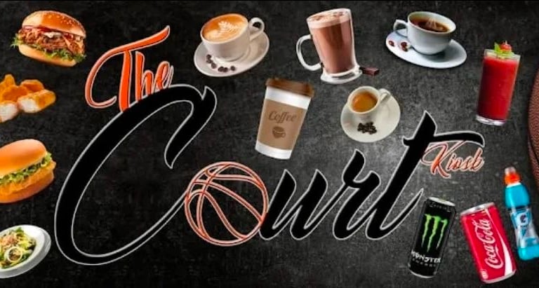 The Court Kiosk menu banner featuring burgers, hot dogs, coffee, and energy drinks near a basketball.