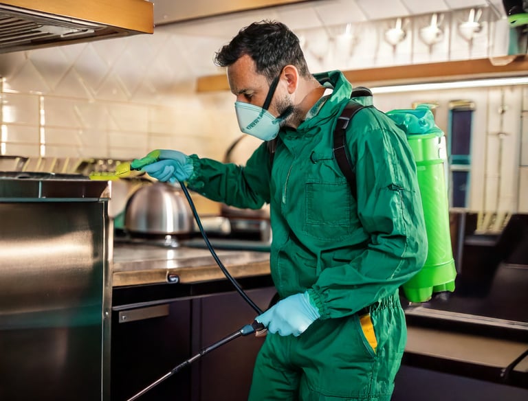 a man in a green uniform is spraying a kitchen counter