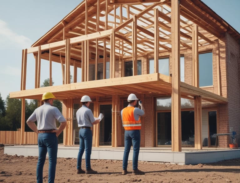 A construction worker wearing a helmet inspecting a building site.