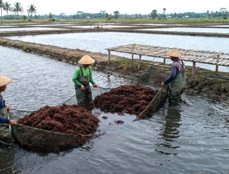 Indonesian farmers harvesting Gracilaria seaweed in Banten ponds, Indonesia