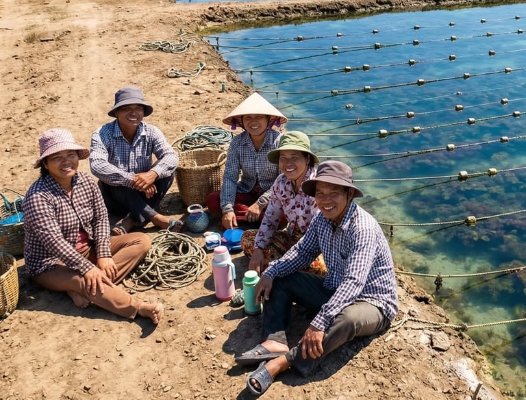Indonesian farmers harvesting Gracilaria seaweed in Banten ponds, Indonesia