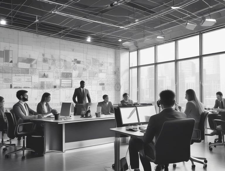 A professional consultant advising a client with laptops and charts in a modern office.