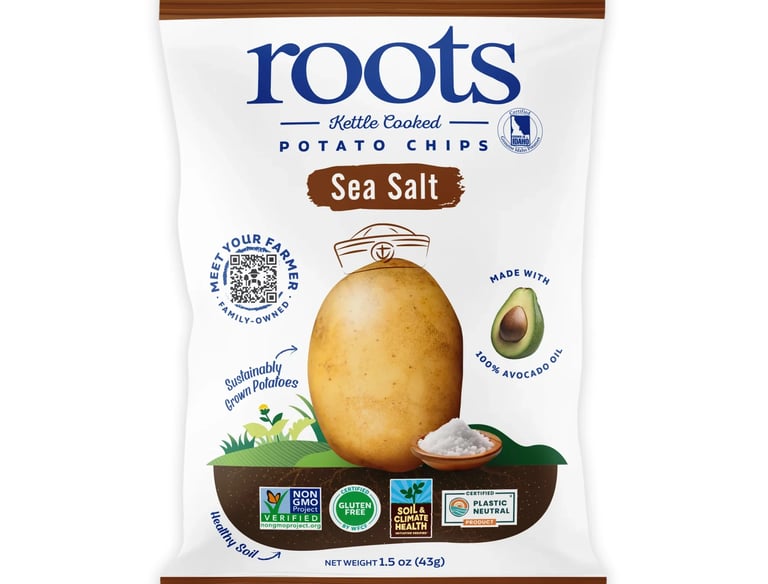 a potato chips bag with Roots