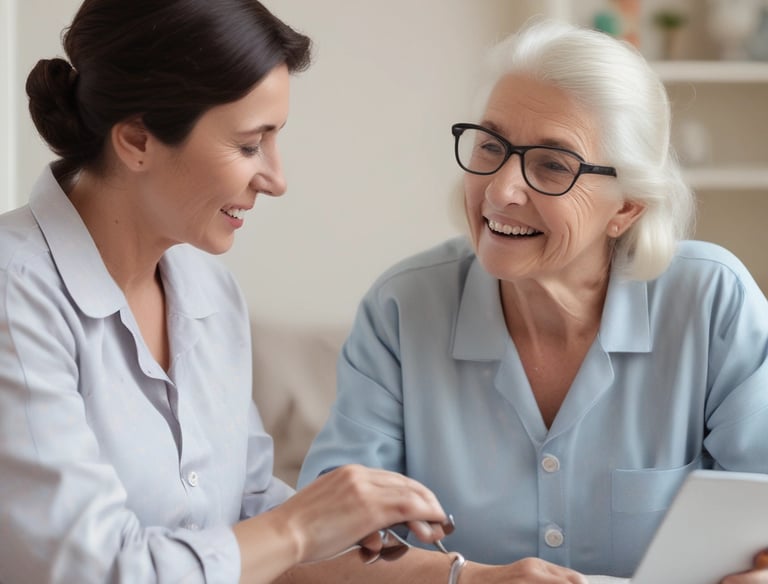 A compassionate nurse assisting an elderly patient in a bright, welcoming care home.