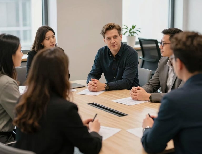 A confident speaker presenting communication skills workshop to a small group.