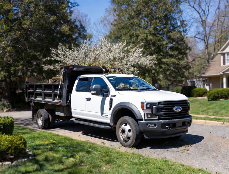 2024 Ford F-550 high side dump truck loaded with light yard waste and branches during professional y
