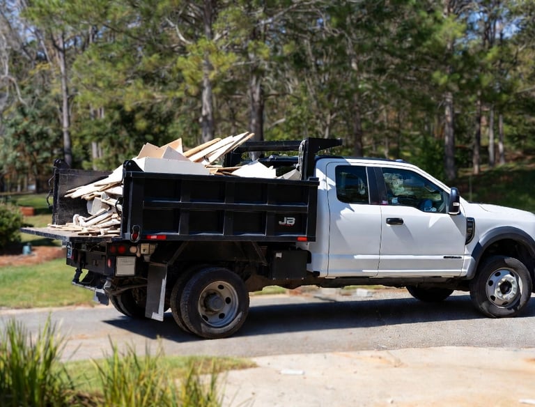 Ford F-550 dump truck hauling light construction debris and renovation waste during post-constructio