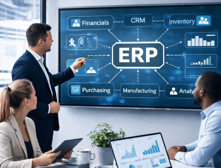 ERP finance systems dashboard showing integrated financials, inventory, CRM, and real-time reporting