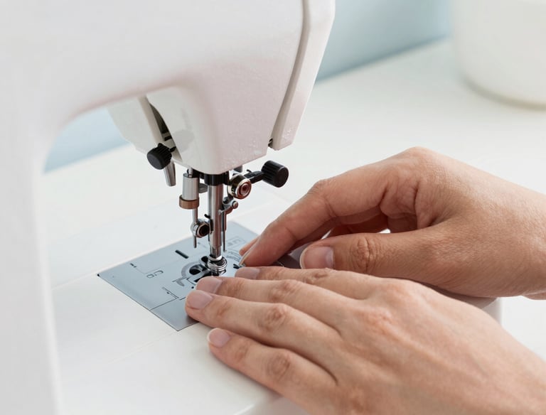Close-up of a tailor carefully sewing a hem on a delicate fabric.