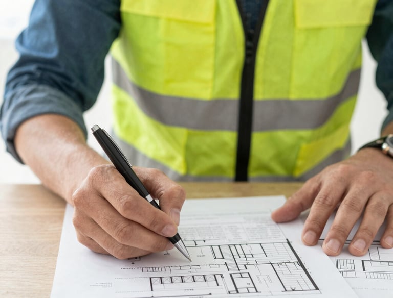 Technician inspecting modular building components in a European factory setting.