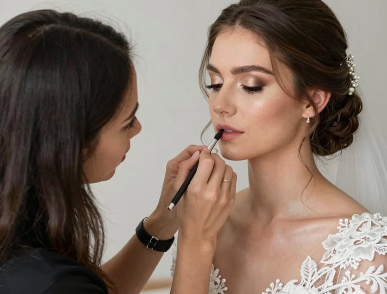 Elegant bridal makeup being applied with delicate brushes in a private room.