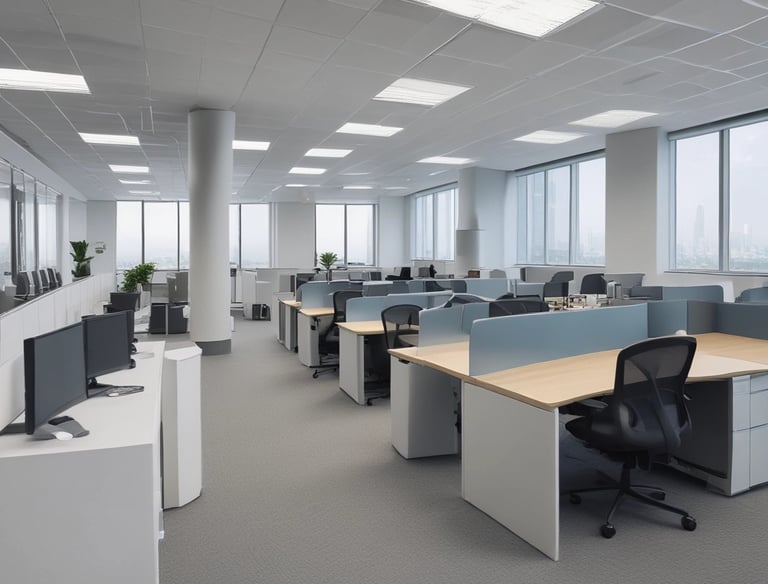 A clean and organized office space with bright lighting and minimal clutter.