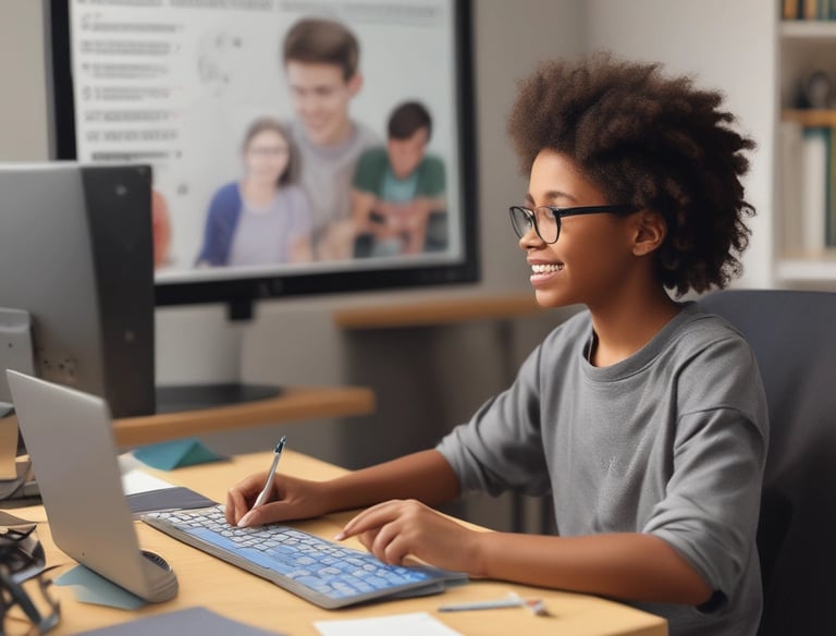 A teacher is engaging with a group of students sitting at a desk. The students are dressed in matching attire and wearing traditional headwear. They appear focused on their studies as they interact with the teacher. Books are open in front of them, and shelves filled with books are visible in the background.