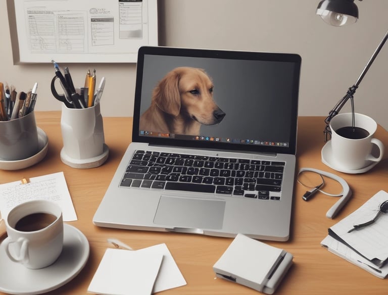 Ein Arbeitsplatz mit Laptop und Kaffee. Auf dem Bildschirmschoner ist ein Hund.