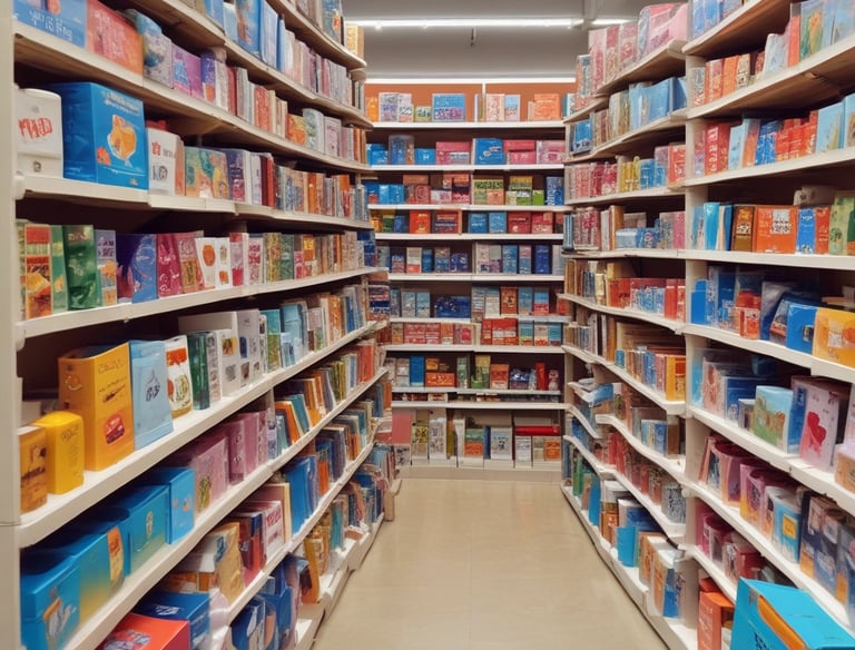 A variety of neatly arranged wholesale products on display in a warehouse.