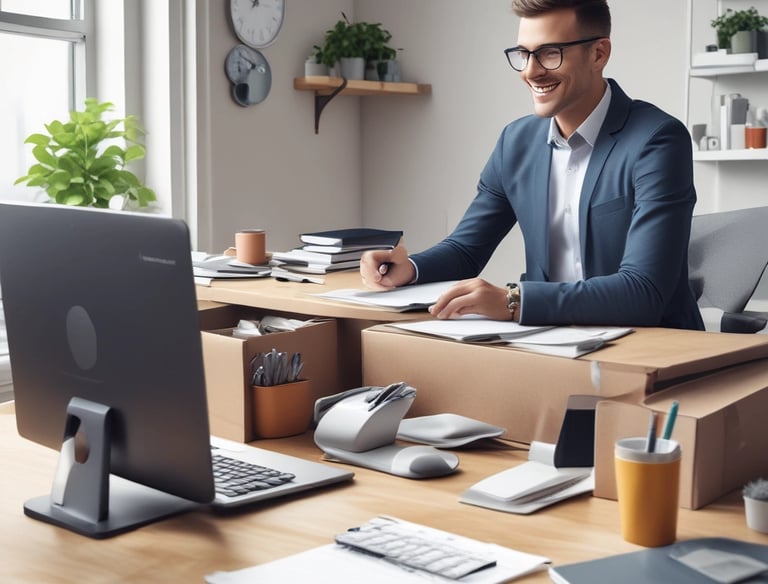 a man riding a skateboard down a street next to tall buildings