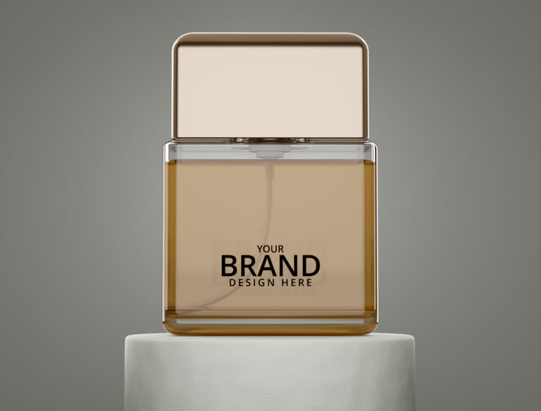 A rendering of a bottle of cologne with a clear label