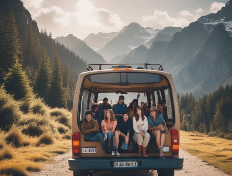 A tempo traveller parked at a scenic location.