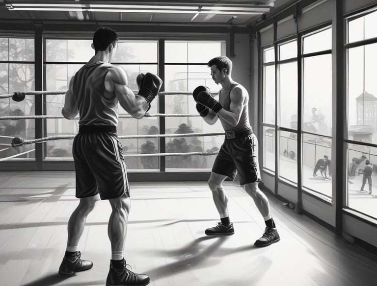 A man is engaged in a kickboxing workout, kicking a white punching bag in a gym setting. He is wearing black shorts and protective gloves, with his focus on exercise. The gym is lit with natural light from windows, illuminating the boxing equipment and mat.