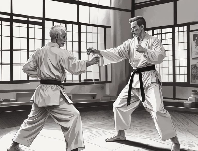 A person mid-air in a dynamic pose, wearing boxing gloves and kicking near a punching bag. The scene is set in a gym with a focus on physical activity, showing strength and motion.