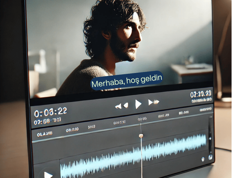 a photo illustrating Turkish subtitling services with a film on a screen and subtitle