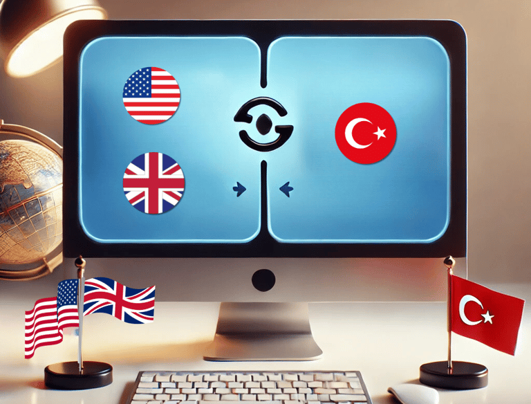 a photo illustrating Turkish translation services with flags on a computer screen
